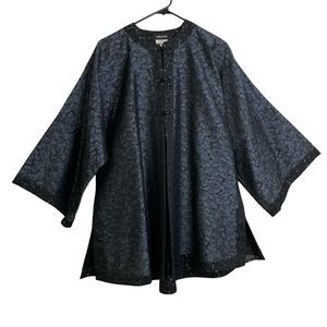 ESKANDAR Size 0=S/M Black Blue Wool Silk Leaf Jacquard Oversized Haori Jacket